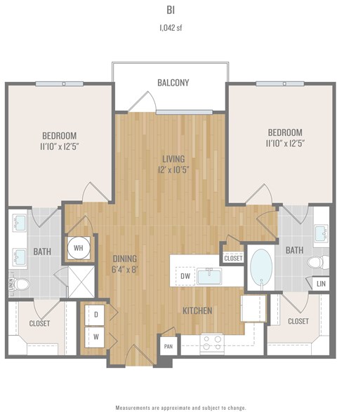 Floor plan for 2 beds, 2 baths, 1042 sqft